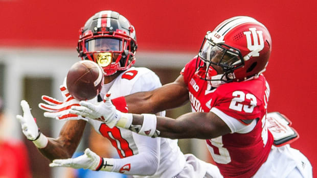Indiana's Jaylin Williams (23) disrupts a pass during the Indiana versus Western Kentucky football game at Memorial Stadium on Sept. 17, 2022.
